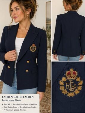 Vintage 90s Lauren Ralph Lauren Navy Crest Blazer Gold Buttons 10P